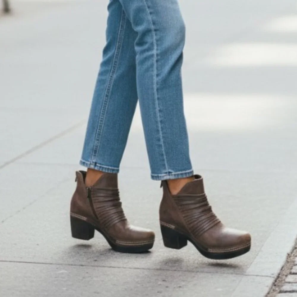 Antelope 934 Ebba Khaki Layered Over Strap Oiled Leather Bootie, Size 39